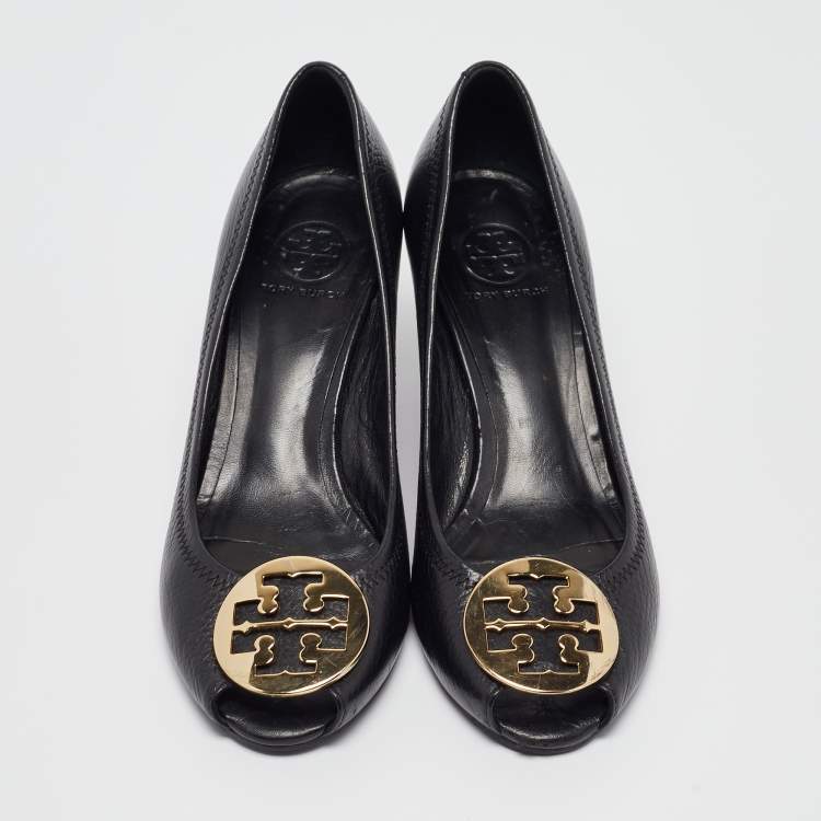 Pre Owned Tory Burch Black Leather Julianne Wedge Pumps Size 39.5