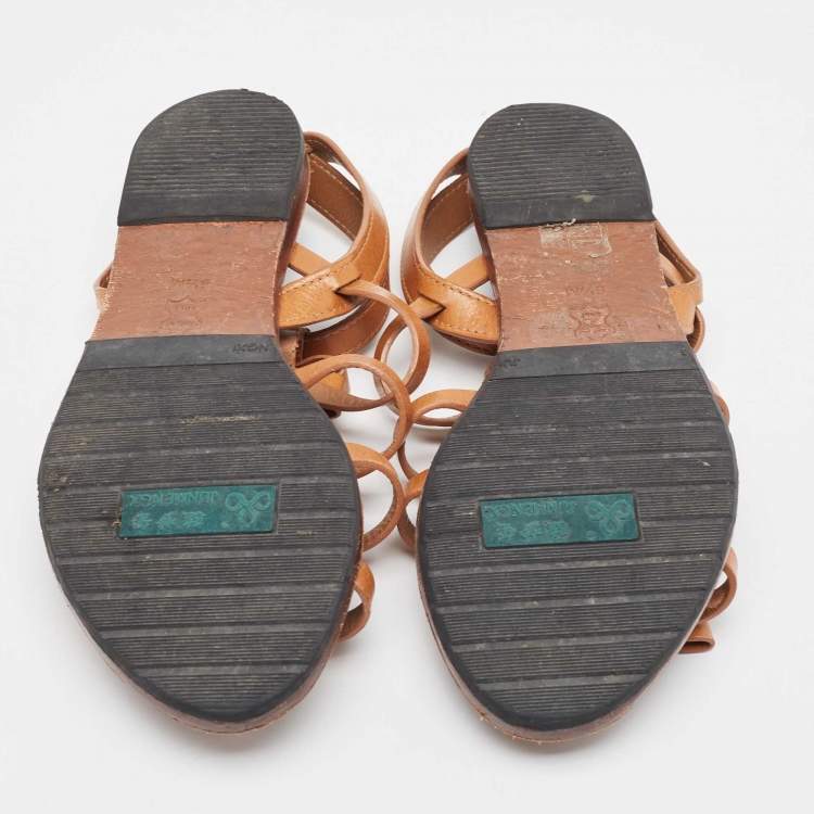 Pre Owned Tory Burch Tan Leather Kira Bow Flat Sandals Size 37