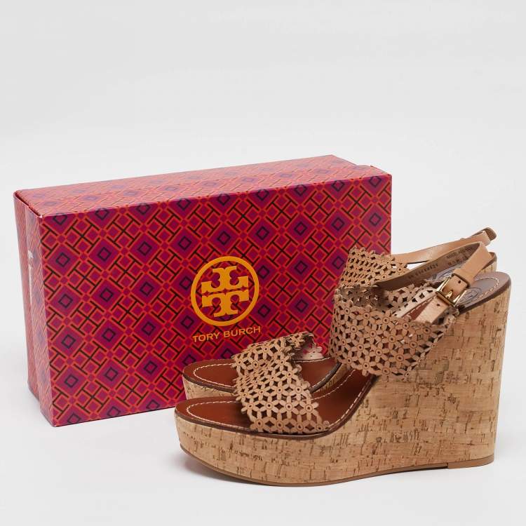 Pre Owned Tory Burch Brown Leather Daisy Wedge Sandals Size 40.5