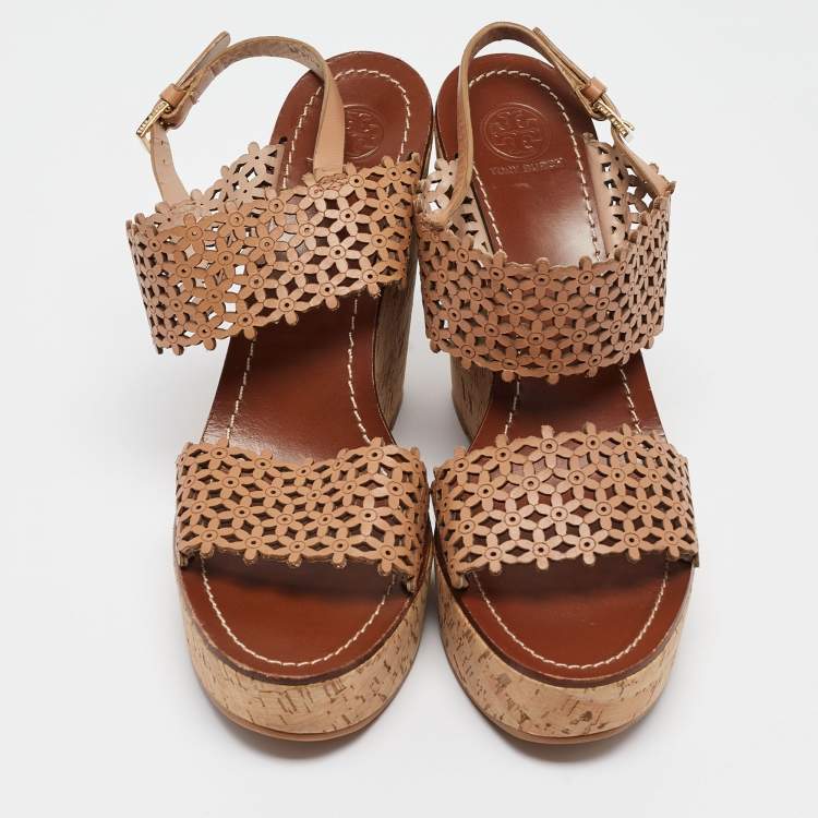 Pre Owned Tory Burch Brown Leather Daisy Wedge Sandals Size 40.5