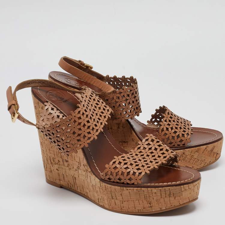 Pre Owned Tory Burch Brown Leather Daisy Wedge Sandals Size 40.5