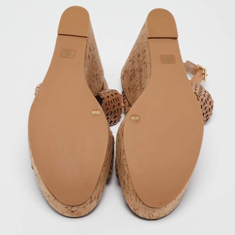 Pre Owned Tory Burch Brown Leather Daisy Wedge Sandals Size 40.5