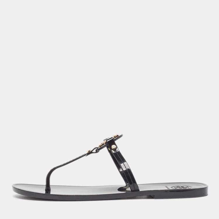 مملوكة مسبقًا Tory Burch Black Rubber Mini Miller Thong Flats Size 37.5