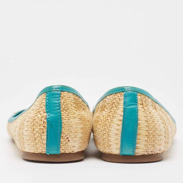 Pre Owned Tory Burch Beige/Blue Raffia and Leather Ballet Flats Size 41.5