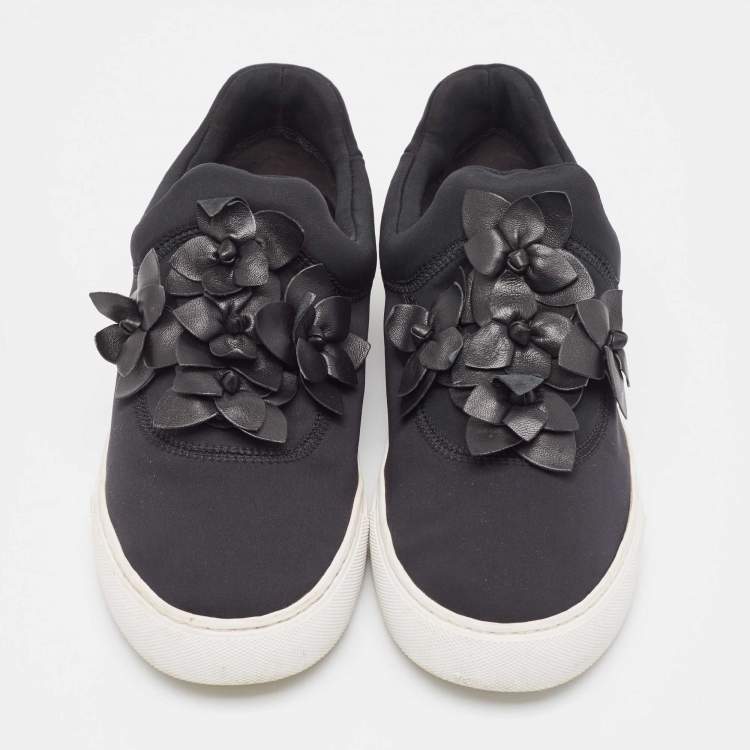 Pre Owned Tory Burch Black  Nylon And Leather Blossom Sneakers Size 39.5