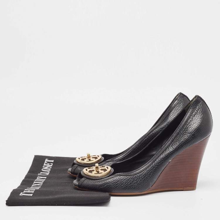 Pre Owned Tory Burch Black Leather Wedge  Pumps Size 38