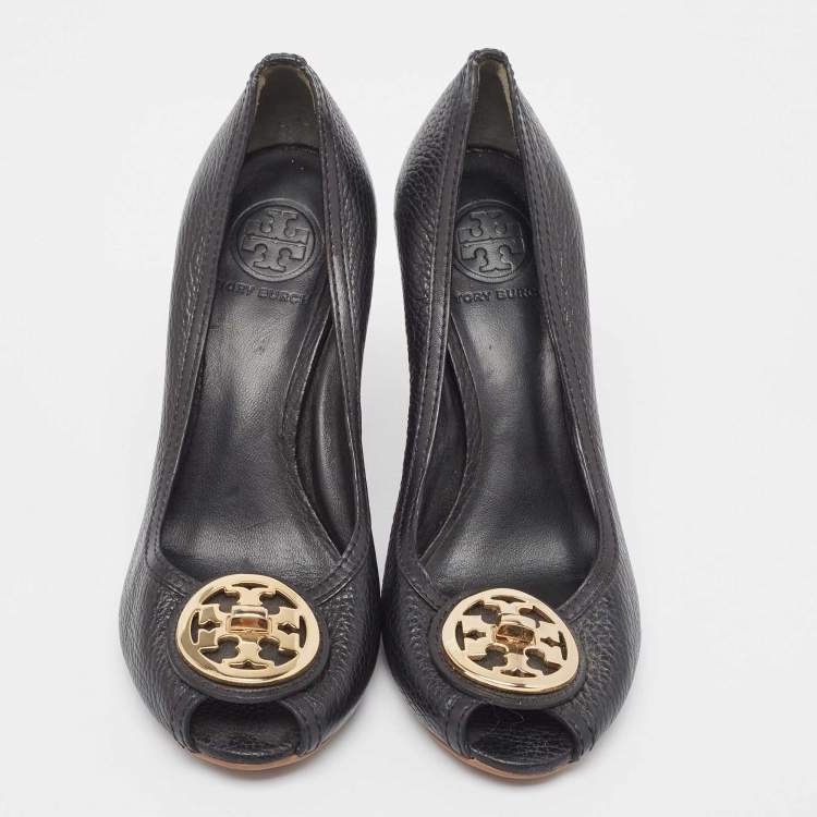 Pre Owned Tory Burch Black Leather Wedge  Pumps Size 38