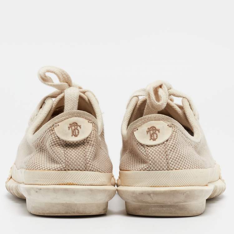 Pre Owned Tory Burch Cream Canvas Lace Up Sneakers Size 38