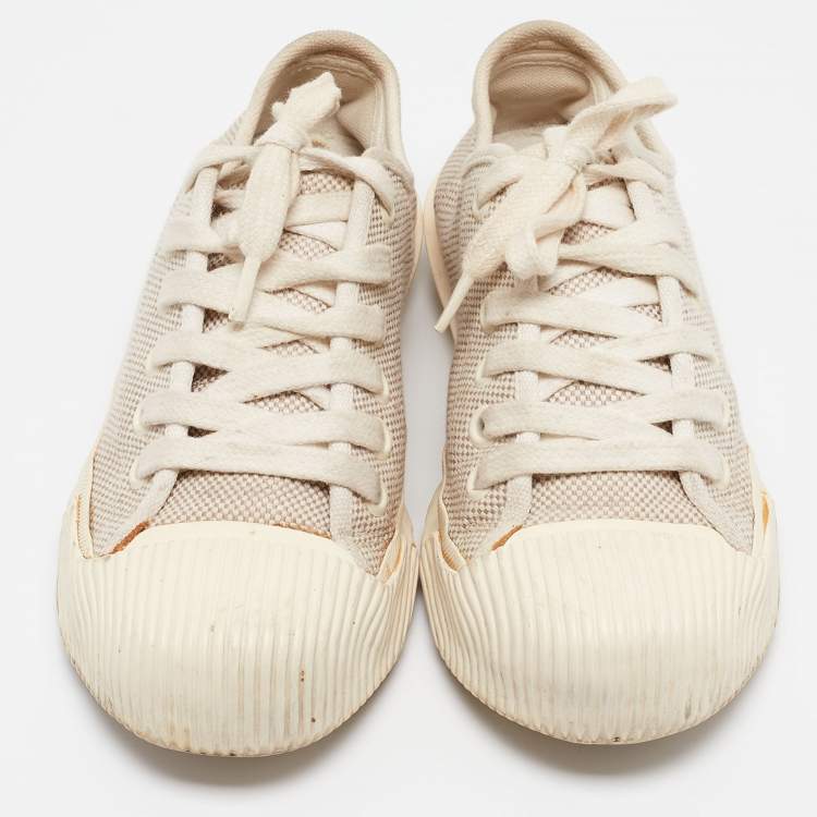 Pre Owned Tory Burch Cream Canvas Lace Up Sneakers Size 38