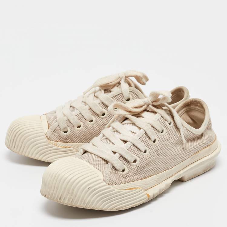 Pre Owned Tory Burch Cream Canvas Lace Up Sneakers Size 38
