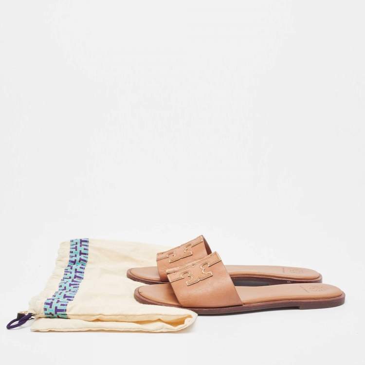 Pre Owned Tory Burch Brown Leather Ines Flat Slides Size 39.5