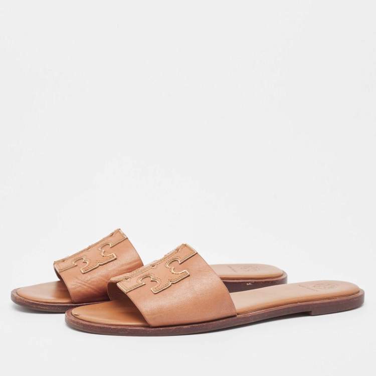 Pre Owned Tory Burch Brown Leather Ines Flat Slides Size 39.5