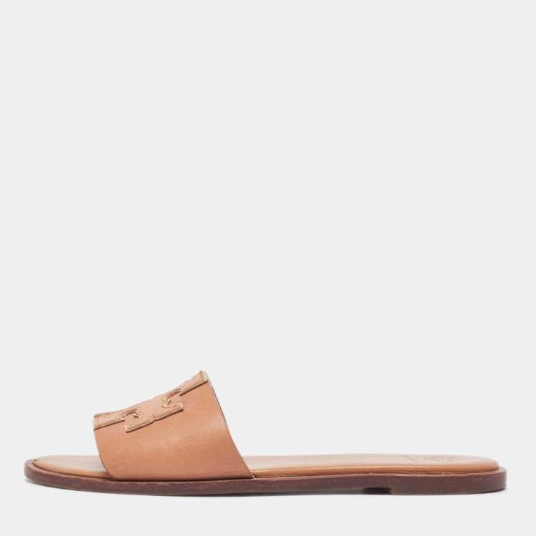 Pre Owned Tory Burch Brown Leather Ines Flat Slides Size 39.5