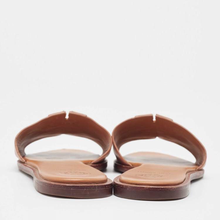 Pre Owned Tory Burch Brown Leather Ines Flat Slides Size 39.5