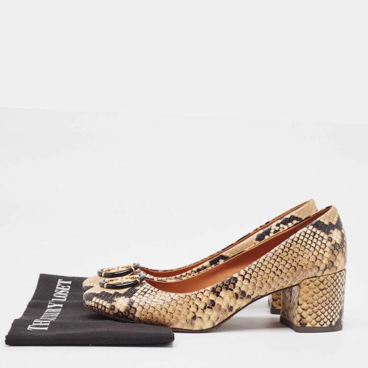 Pre Owned Tory Burch Cream/Black Python Embossed Leather Multi Logo Pumps Size 39.5