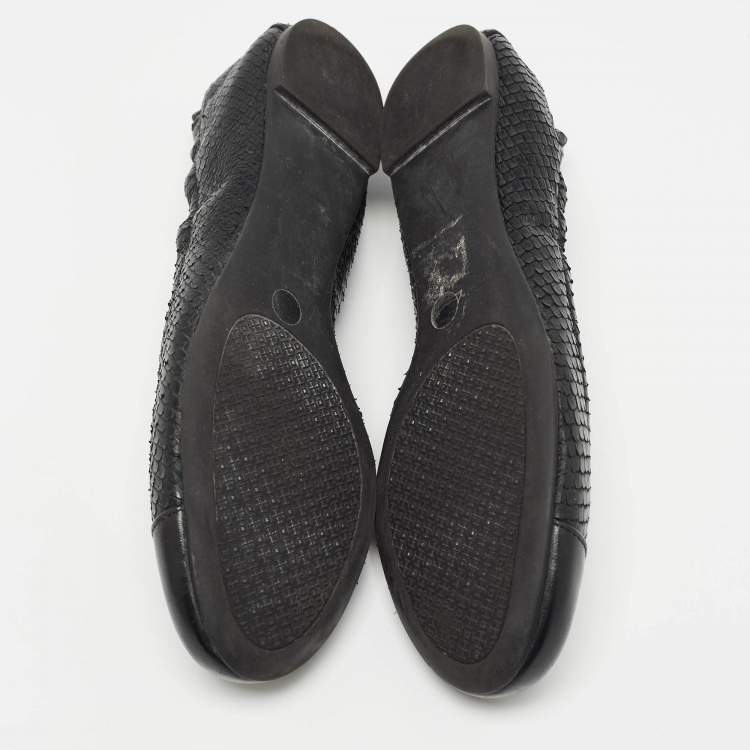 Pre Owned Tory Burch Black Embossed Snakeskin Scrunch Ballet Flats Size 39