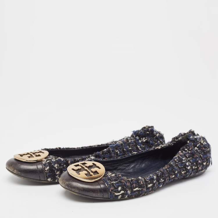 Pre Owned Tory Burch Navy Blue Leather And Tweed Cap Toe Ballet Flats Size 37.5