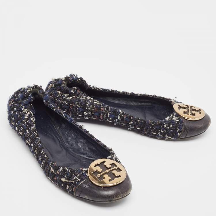 Pre Owned Tory Burch Navy Blue Leather And Tweed Cap Toe Ballet Flats Size 37.5