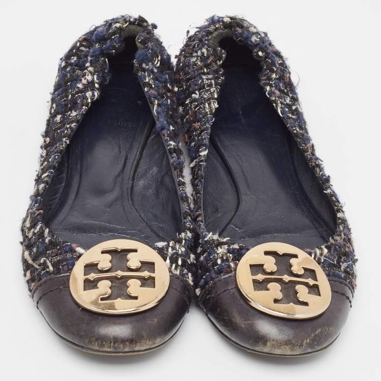 Pre Owned Tory Burch Navy Blue Leather And Tweed Cap Toe Ballet Flats Size 37.5