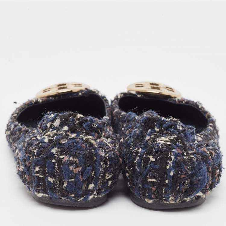 Pre Owned Tory Burch Navy Blue Leather And Tweed Cap Toe Ballet Flats Size 37.5