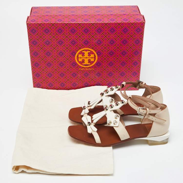 Pre Owned Tory Burch Beige Leather Studded Flat Sandals Size 37