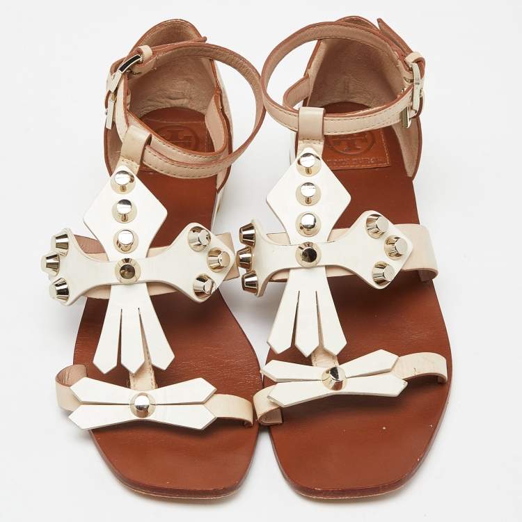 Pre Owned Tory Burch Beige Leather Studded Flat Sandals Size 37
