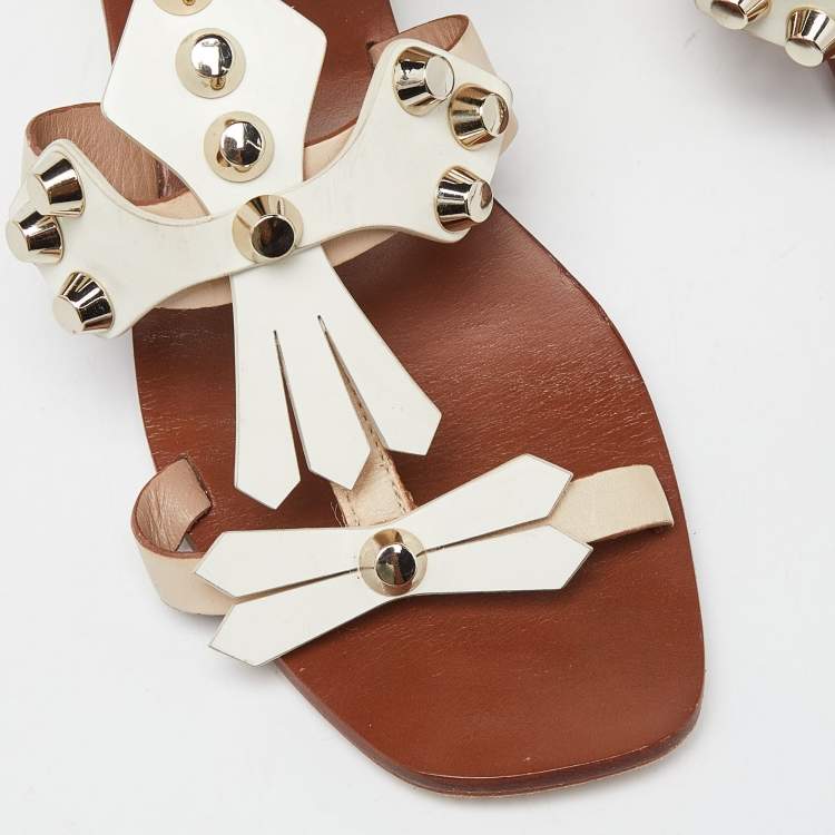Pre Owned Tory Burch Beige Leather Studded Flat Sandals Size 37