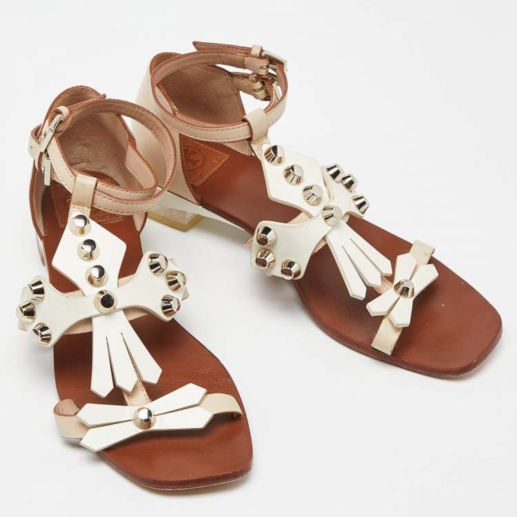 Pre Owned Tory Burch Beige Leather Studded Flat Sandals Size 37