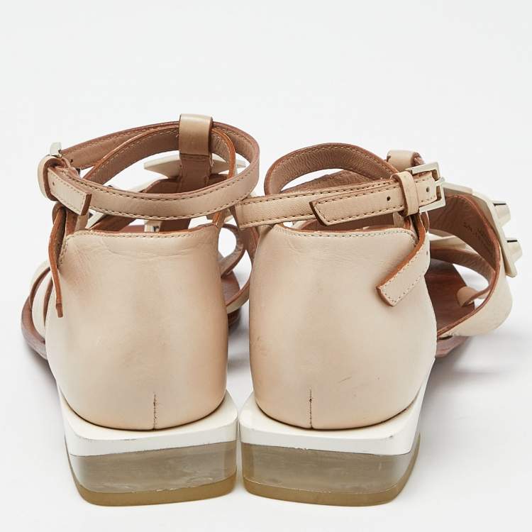 Pre Owned Tory Burch Beige Leather Studded Flat Sandals Size 37