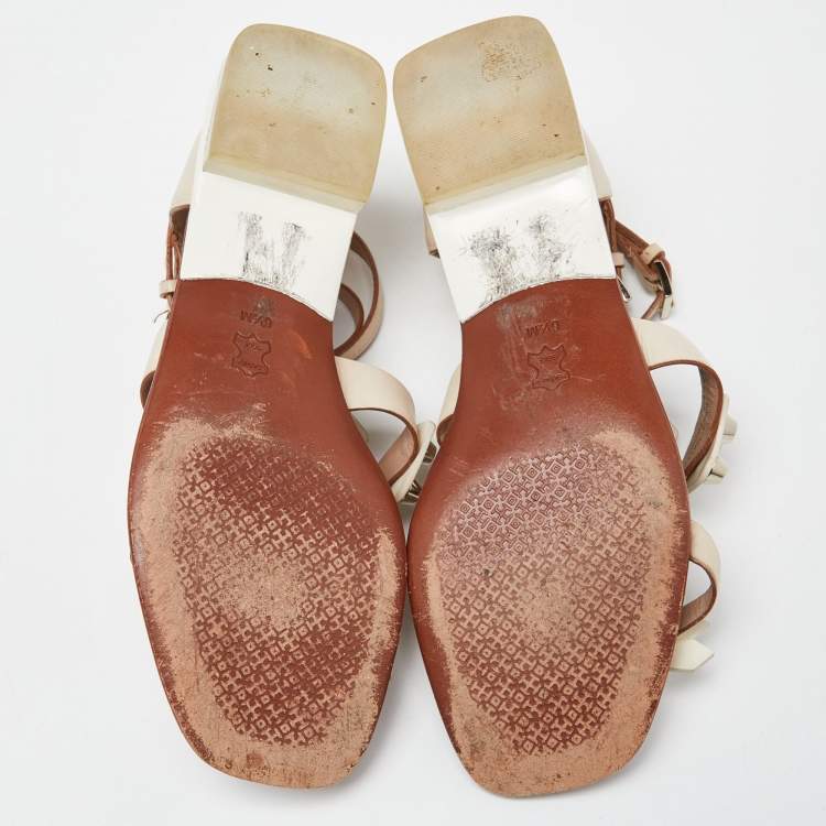 Pre Owned Tory Burch Beige Leather Studded Flat Sandals Size 37