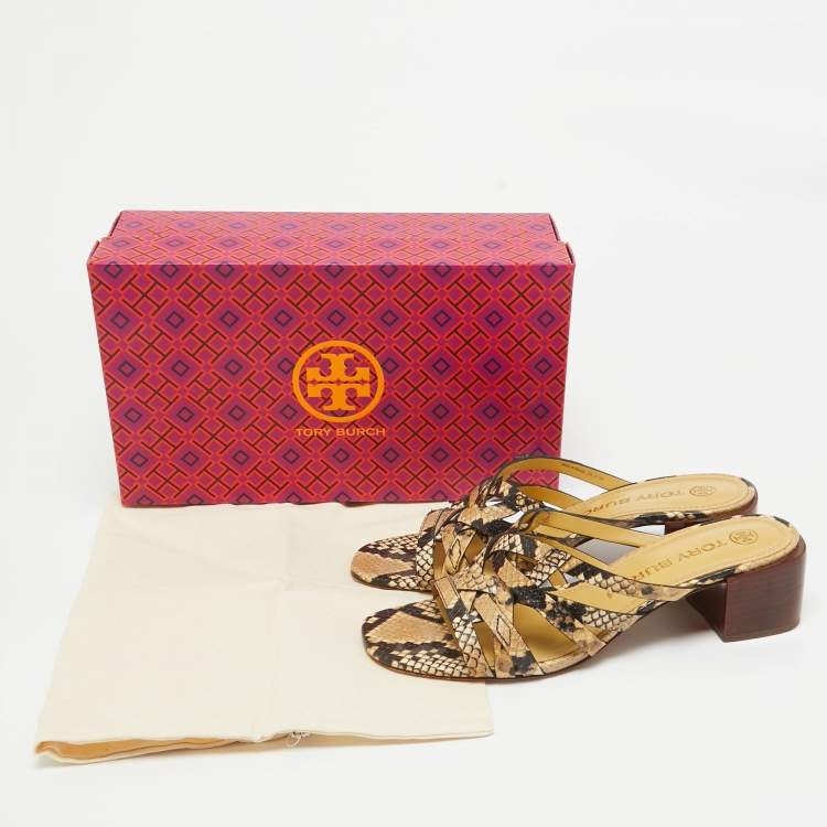 Pre Owned Tory Burch Beige Python Embossed Leather Slide Sandals Size 39