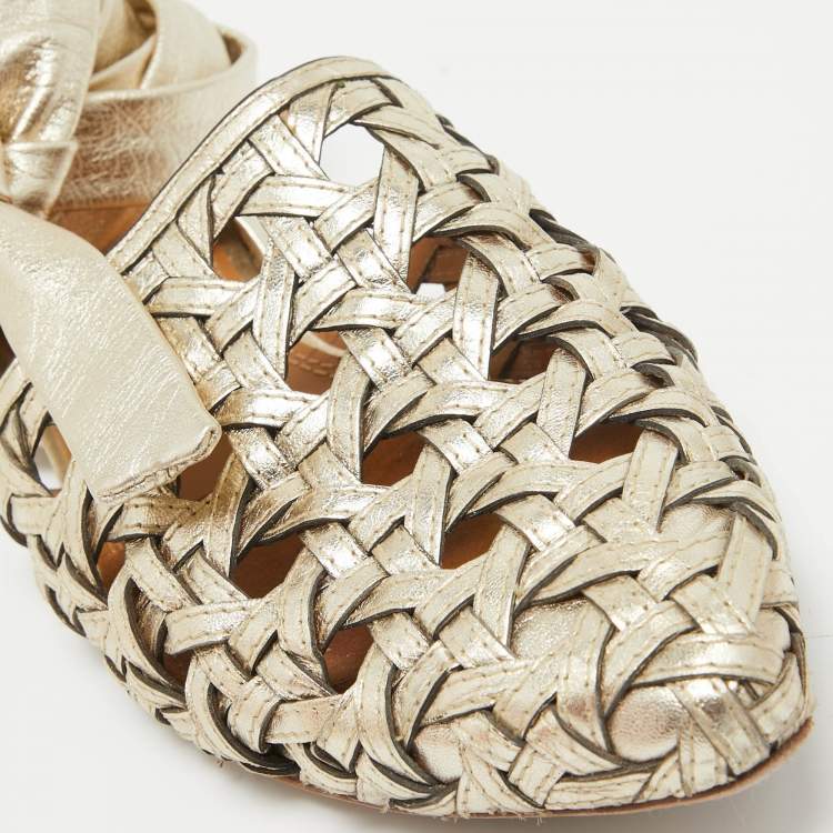 مملوكة مسبقًا Tory Burch Gold Leather Basketweave Flat Sandals Size 39.5
