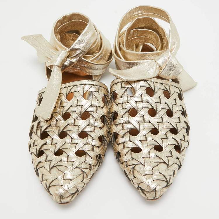 مملوكة مسبقًا Tory Burch Gold Leather Basketweave Flat Sandals Size 39.5