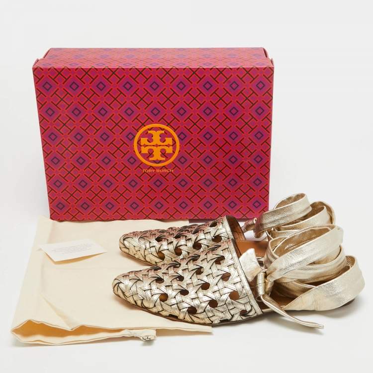 مملوكة مسبقًا Tory Burch Gold Leather Basketweave Flat Sandals Size 39.5
