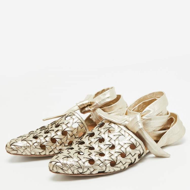 مملوكة مسبقًا Tory Burch Gold Leather Basketweave Flat Sandals Size 39.5