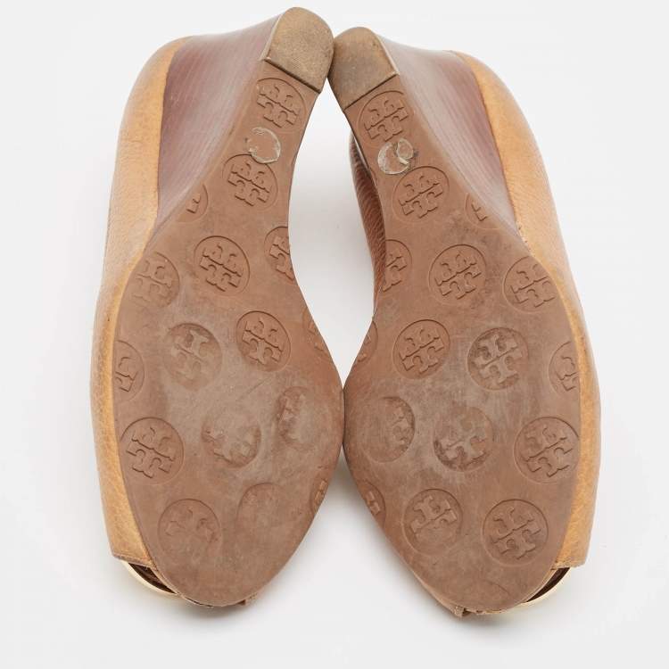 Pre Owned Tory Burch Brown Leather Sally Wedge Pumps Size 37.5