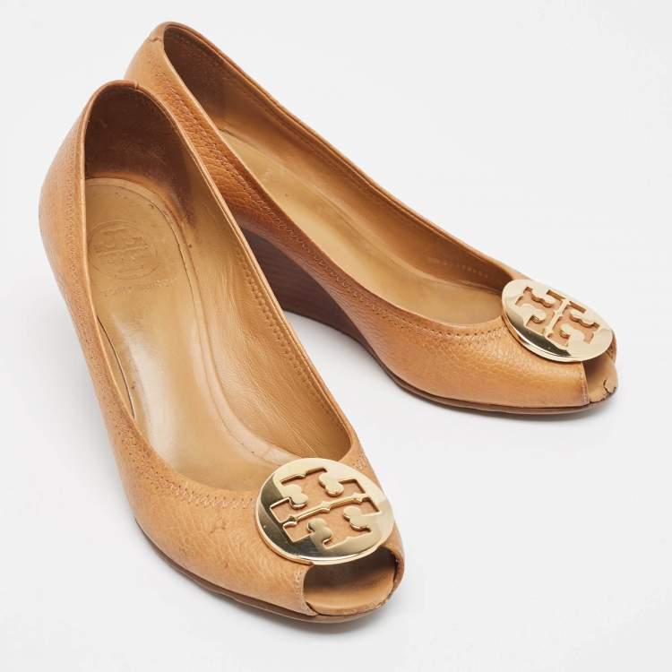 Pre Owned Tory Burch Brown Leather Sally Wedge Pumps Size 37.5