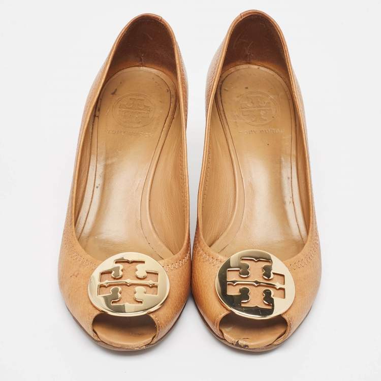 Pre Owned Tory Burch Brown Leather Sally Wedge Pumps Size 37.5