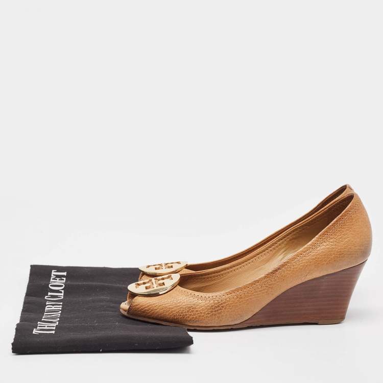Pre Owned Tory Burch Brown Leather Sally Wedge Pumps Size 37.5