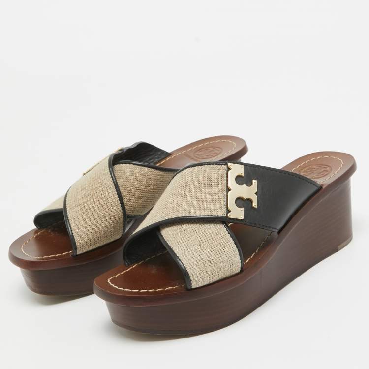 Pre Owned Tory Burch Beige/Black Canvas and Leather Platform Slide Sandals Size 36