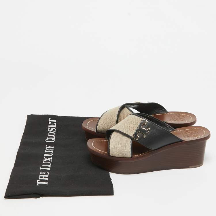 Pre Owned Tory Burch Beige/Black Canvas and Leather Platform Slide Sandals Size 36