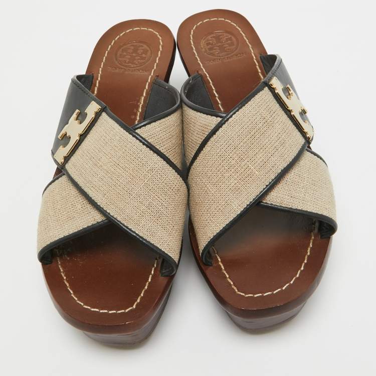 Pre Owned Tory Burch Beige/Black Canvas and Leather Platform Slide Sandals Size 36