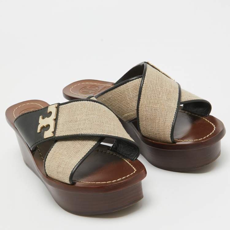 Pre Owned Tory Burch Beige/Black Canvas and Leather Platform Slide Sandals Size 36