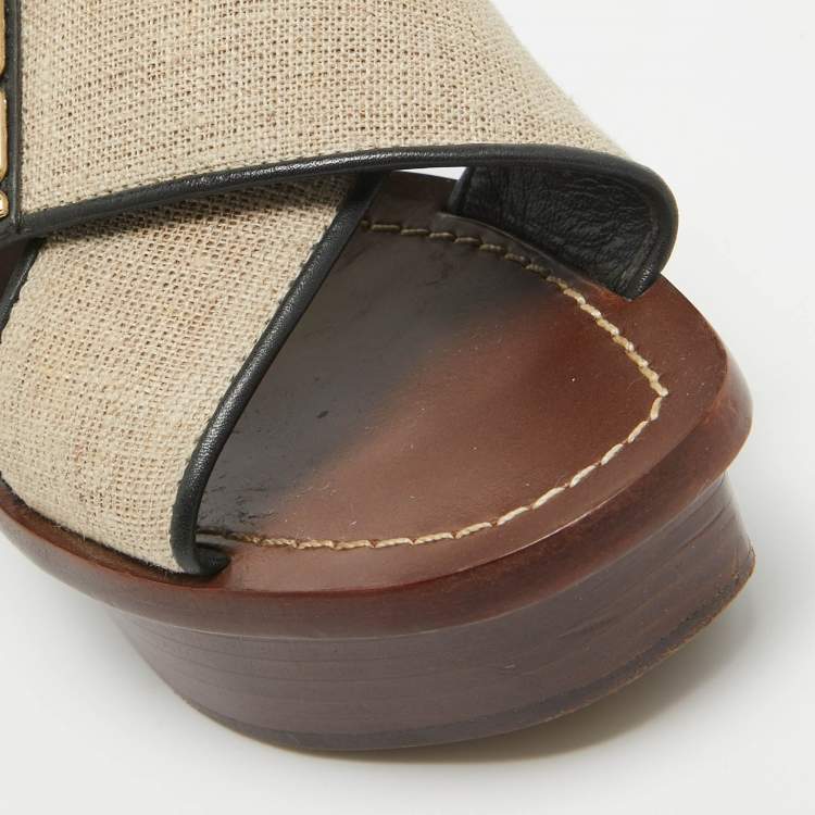 Pre Owned Tory Burch Beige/Black Canvas and Leather Platform Slide Sandals Size 36