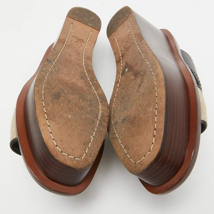 Pre Owned Tory Burch Beige/Black Canvas and Leather Platform Slide Sandals Size 36