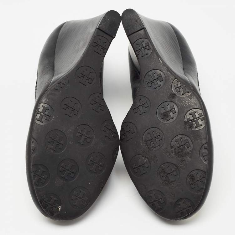 Pre Owned Tory Burch Black Leather Sally Wedge Pumps Size 37.5