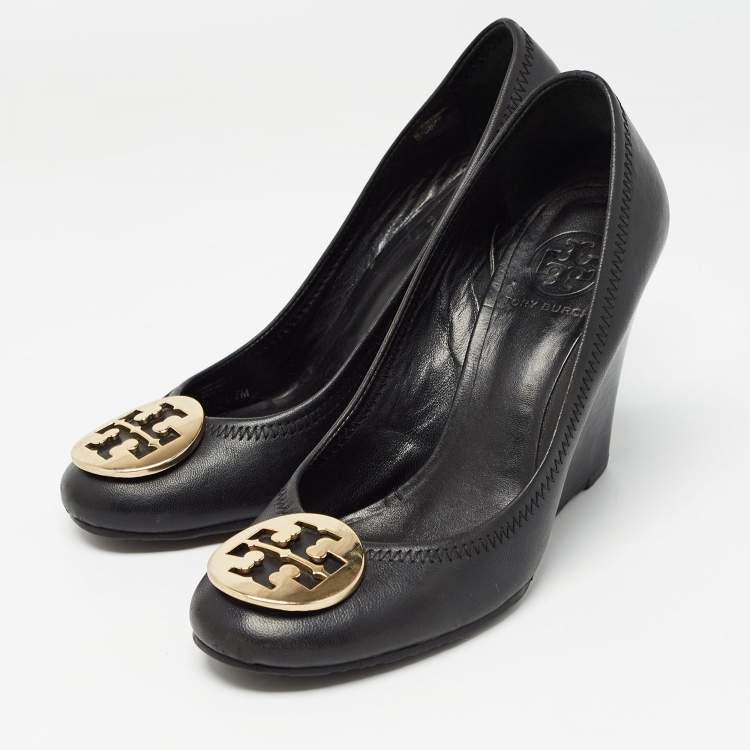 Pre Owned Tory Burch Black Leather Sally Wedge Pumps Size 37.5