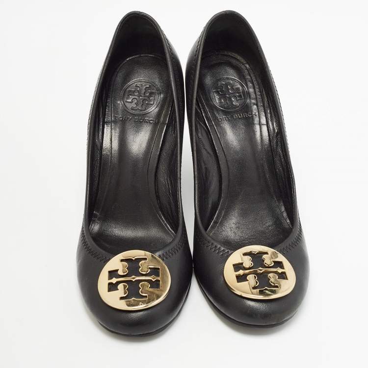 Pre Owned Tory Burch Black Leather Sally Wedge Pumps Size 37.5