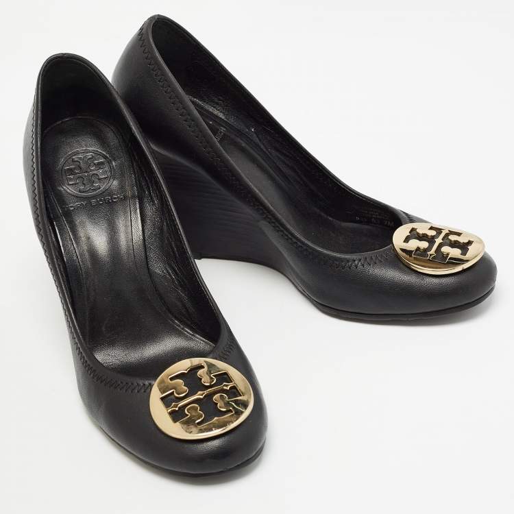 Pre Owned Tory Burch Black Leather Sally Wedge Pumps Size 37.5