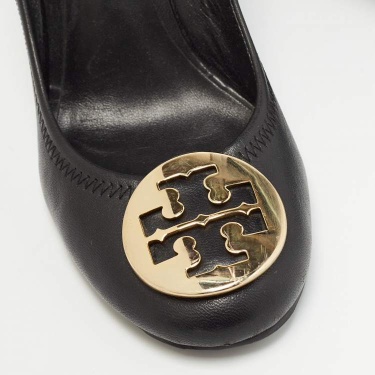 Pre Owned Tory Burch Black Leather Sally Wedge Pumps Size 37.5